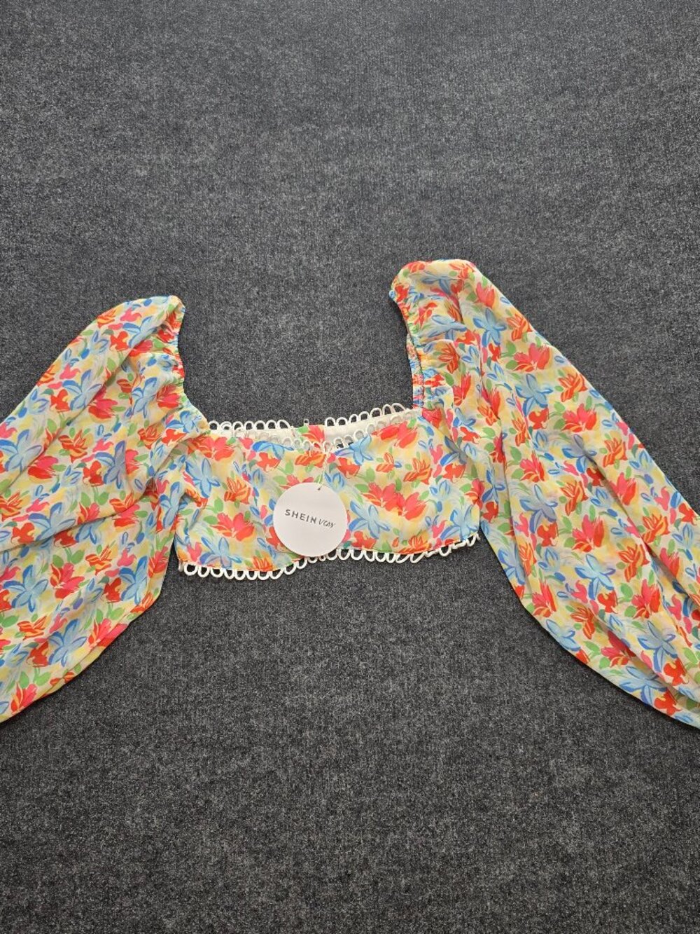 SHEIN Floral Crop Top XS NWT Long Puff Sleeve Square Neck Boho Cottagecore Blous